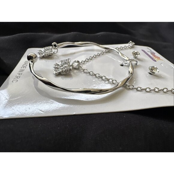 Silvertone Necklace Trio (Set of 3) CZ Necklace Earrings Bracelet BOW Charms NEW - Picture 4 of 7
